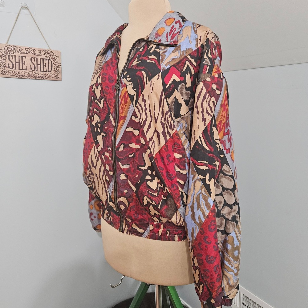 East West Silks Animal Print Patchwork Silk Bomber Jacket Large Red Boho Vintage - Picture 13 of 13
